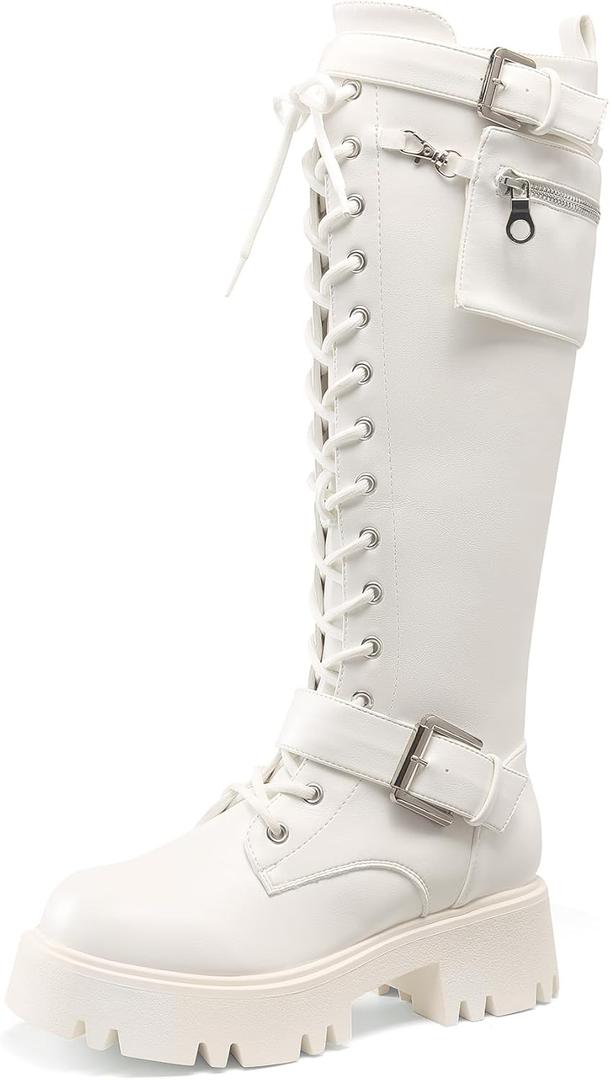 DREAM PAIRS Women's Combat Riding Platform Knee High Boots, Lace Up Fall Lug Sole Gothic Motorcycle Boots with Inside Zipper (6.5, White)