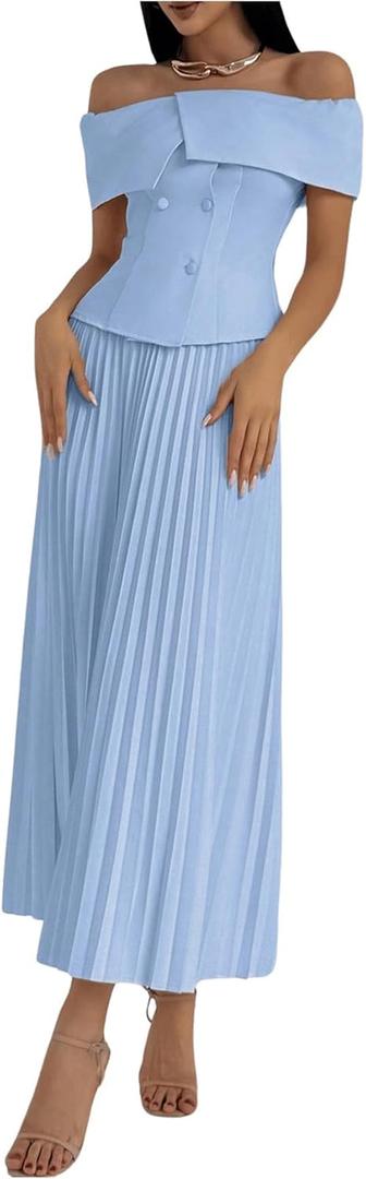 Women's 2 Piece Outfits Elegant Button Front Off Shoulder Top Blouse Shirt and Pleated Maxi Skirt Set Blue Medium