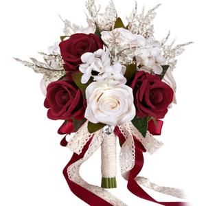 9 Inch Burgundy Wedding Bouquets for Bride Bridesmaid, Dark Red White Champagne Artificial Fake Roses Flowers Bridal Bouquet Winter Fall Boho Rustic Wedding Decoration Toss Bouquet Prom