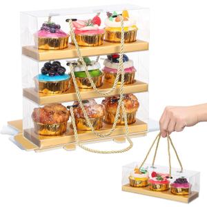 EUSOAR Gold Cupcake Boxes, 10 Pcs 9"x3"x3" Clear Muffins Cupcake Containers 3 Compartments with Gift Rope Handles, Portable Dessert Pastry Holder Cookies Wrappers for Birthday Wedding Party Bakery
