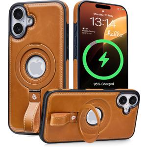 Butaiga for iPhone 16 Plus Leather Case with Stand, Anti-Slip Grip Ring, Fits for MagSafe (Brown, iPhone 16 Plus)