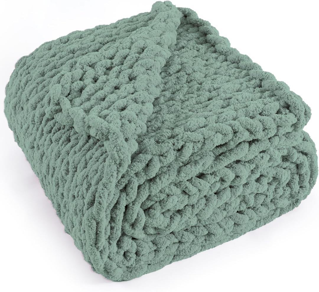 Chunky Knit Throw Blanket 50"X 60", 100% Handmade with Soft Chenille Yarn, 4.4lbs Thick Cable Knitted Blankets, Large Rope Knot Crochet Throws for Couch Sofa Bed Home Decor, Sage Green