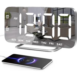 Slim LED Digital Alarm Clock, Mirror Surface for Makeup, with Diming, Large Display, Easy Setting, USB Ports, Modern Decor for Bedroom, Desk, Xmas, Birthday Gift for Women, Sister, Teen Girl, Silver