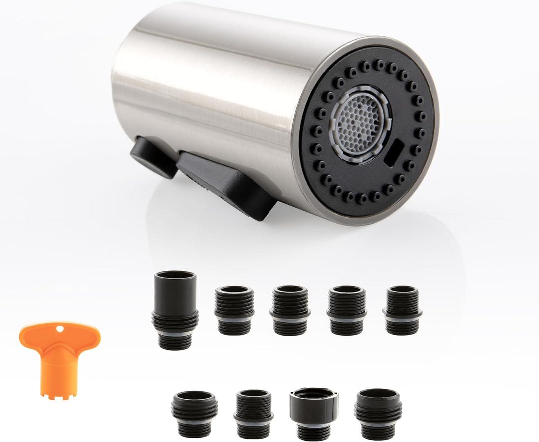 Pull Down Kitchen Faucet Head Replacement Brushed Nickel, 3 Function Kitchen Faucet Head High Pressure Sink Sprayer Replacement with 9 Adapters, American Standard