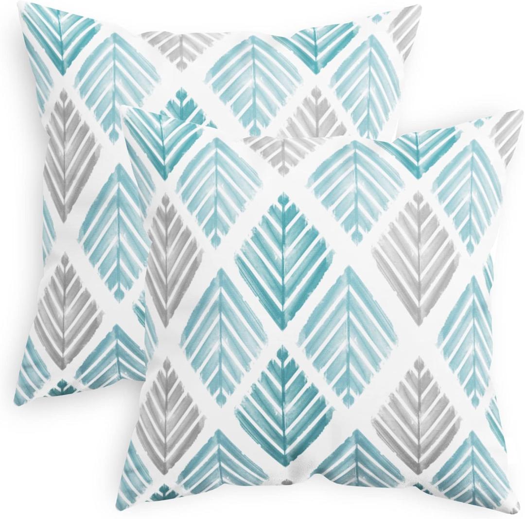 CaliTime Throw Pillow Cases Pack of 2 Cozy Fleece Two-Tone Geometric Tree Leaves Decorative Cushion Covers for Couch Bed Sofa Farmhouse Decoration 18 X 18 Inches Teal Grey
