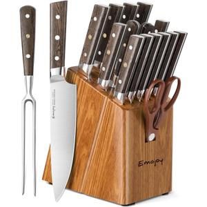 Knife SetEmojoy 16-Piece Kitchen Knife Set with Block, Knife Block Set with Kitchen Shears and Sharpener, High Carbon German Steel(Natural Wenge)