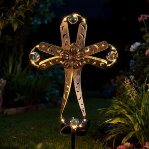 Solar Power Cross Stake Warm White Color Florals Solar Lights Garden Decor Memorial Gift Cemetery Decoration LED Outdoor Landscape Light