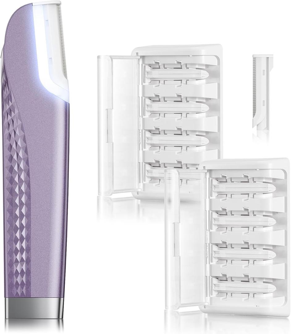 Dermaplane Razor for Women Face, Rechargeable Facial Hair Removal for Women, Dermaplaning with LED Light, 3-Speed Peach Fuzz Remover Tool, Includes 8 Refill Blades (Purple)