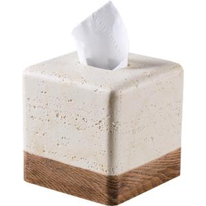 Natural Travertine Match Wooden Square Tissue Box Cover Decorative,Resin Heavy Sturdy Tissue Box Holder, Facial Paper Holder for Bathroom Vanity Countertop, Bedroom Night Stand,Office and End Table
