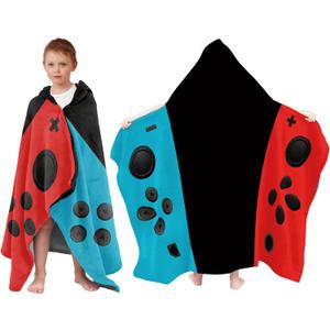 Game Controller Hooded Towel for Kids - Wearable 30"x50" Flannel Poncho, Gamer Toddler Beach Towels for Pool, Travel, Swim - Ultra Absorbent Quick Dry Birthday Gift for Boys, Teens (Blue/Black/Red)