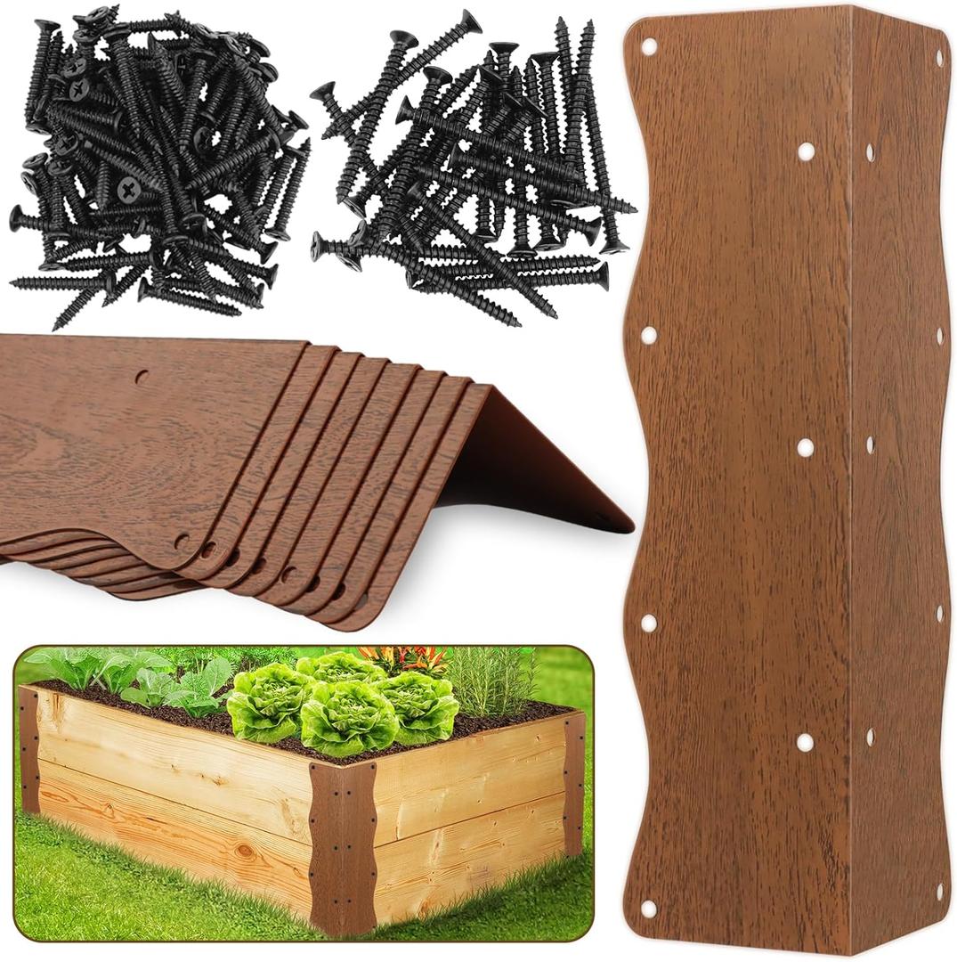 8 Pcs Raised Garden Bed Corner Brackets Heavy Duty Metal Raised Bed Corners and Connectors for Wood(11"x3"x3"), Brown L-Shape Wavy Connectors with Screws, fits for 20"-24" Raised Beds
