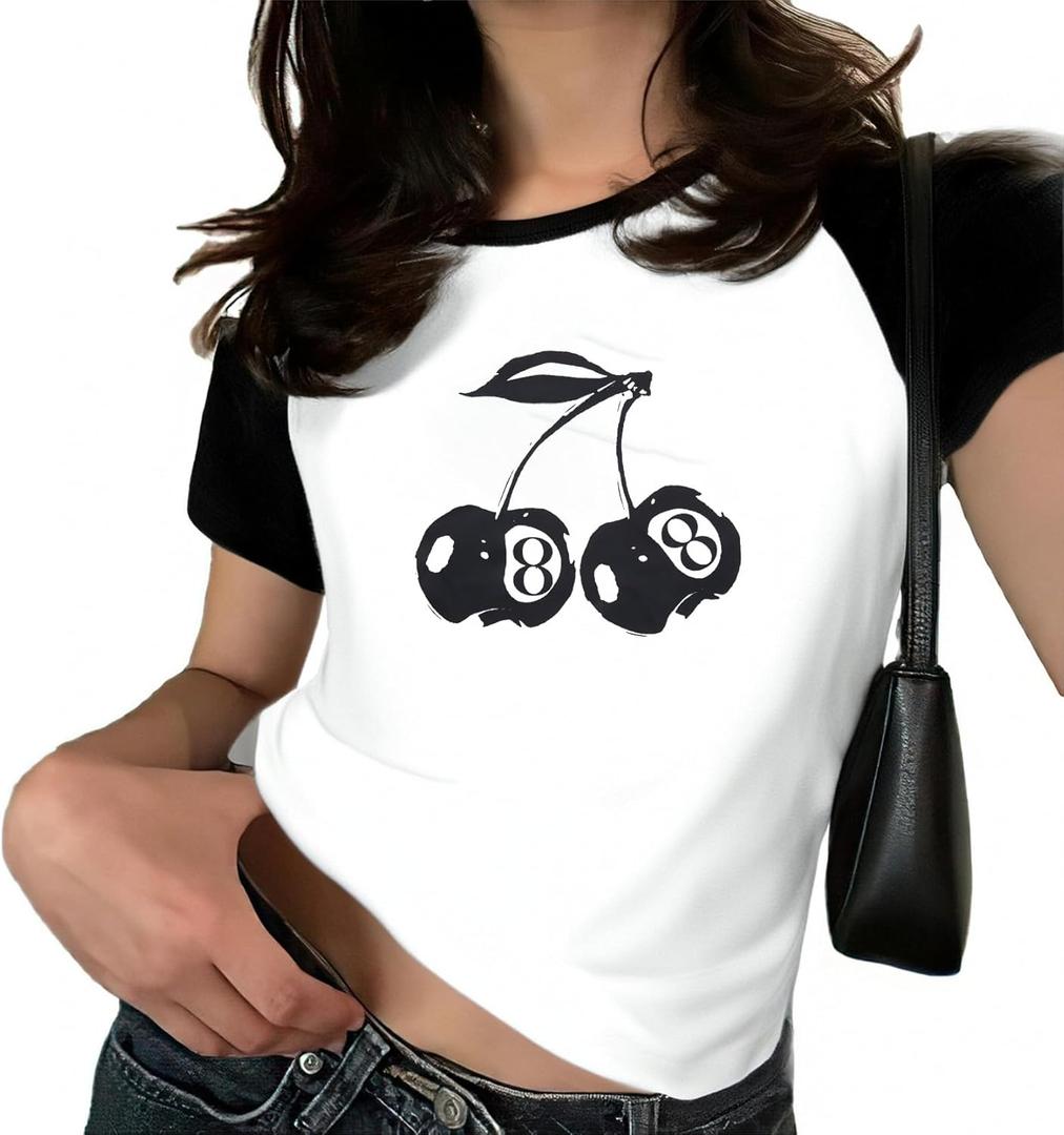 Pink Bow Cherries Shirt Women: Coquette Tops Clean Girl Aesthetic Shirts Casual Summer Short Sleeve Tshirt (S)