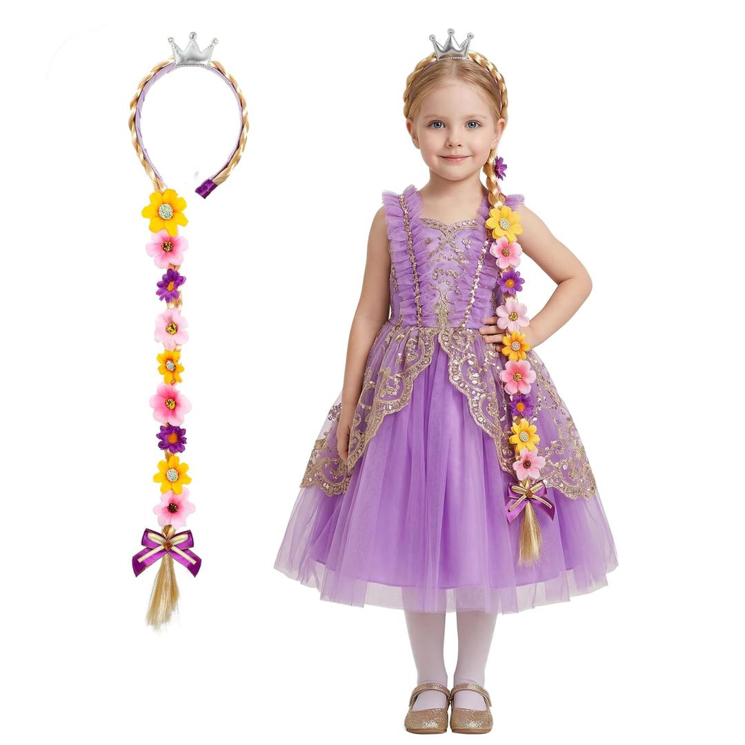 2 x Kids Costume Wig, Rapunzel Wig for Kids, Tiara Headband Girls Tangled Braid with Colorful Flowers, Halloween Christmas Parties Rapunzel Costume Hair for Girls