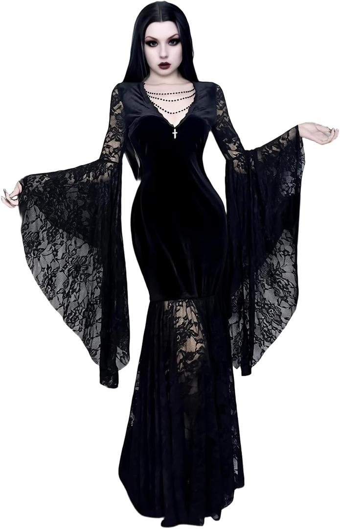 LANSHULAN Women Gothic Bat Sleeve Lace Patchwork Velvet Goth Vintage Dress for Halloween Costume (Medium)