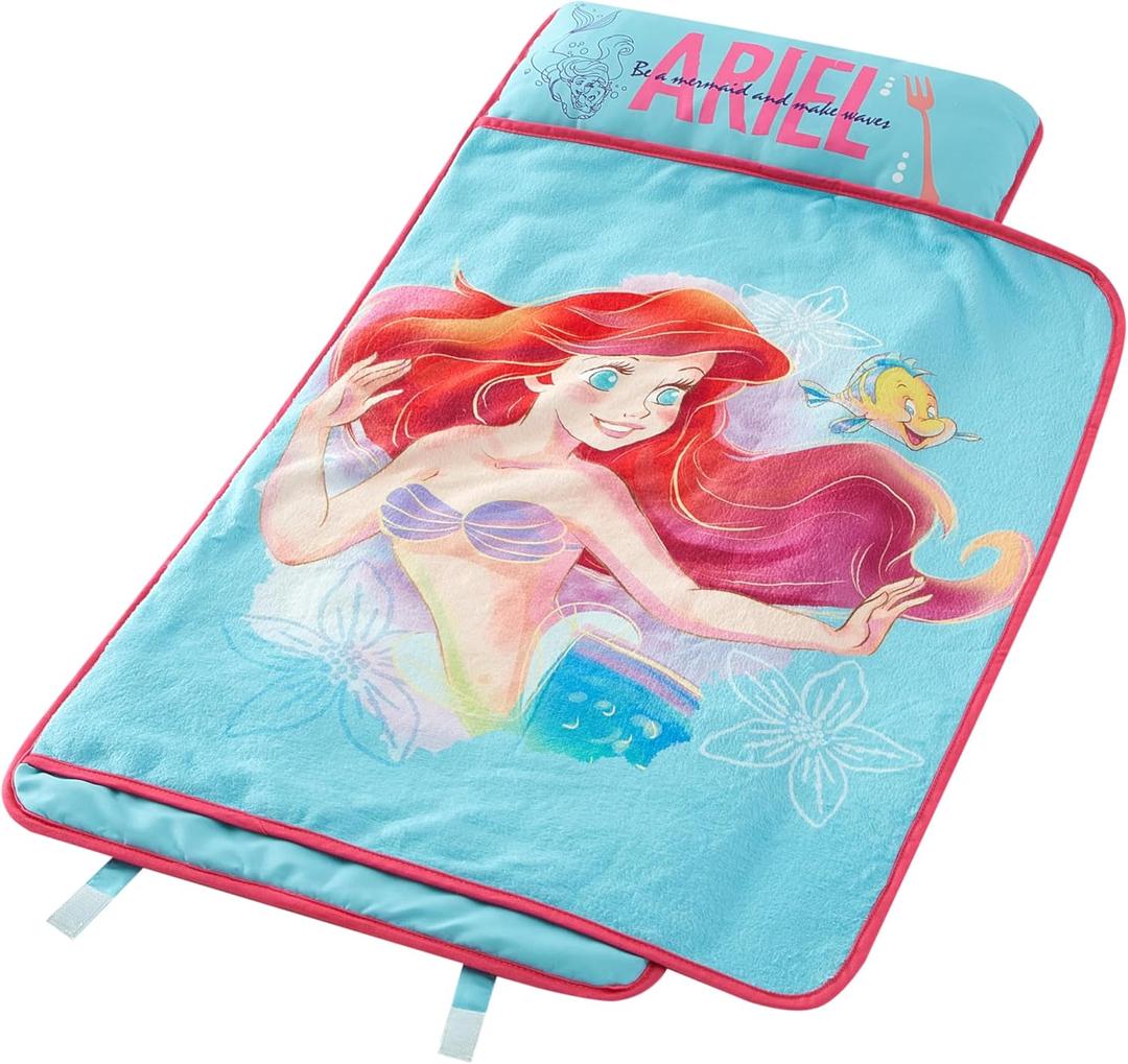 Super Soft Plush Toddler Quilted Nap Mat with Built in Blanket and Pillow (20"Wx46"L, Little Mermaid)