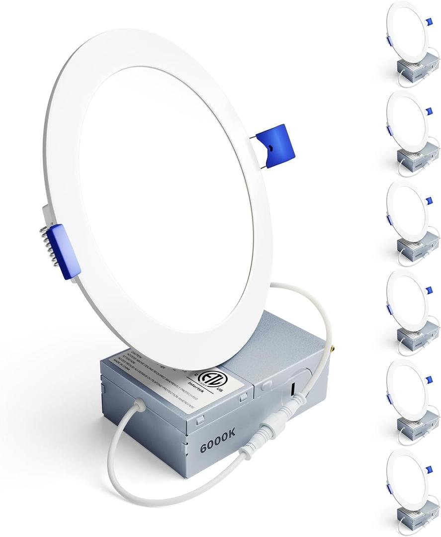 Ensenior 6 Pack 6 Inch LED Recessed Light, Dimmable, 6000K Clear White, 1200LM High Brightness, 12W 120V, Damp Rated, Ultra-Thin Canless Wafer Ceiling Light - ETL & FCC & IC