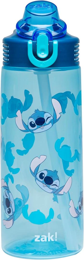 Zak Designs Disney Sage Water Bottle For School or Travel, 25oz Durable Plastic Water Bottle With Straw, Handle, and Leak-Proof, Pop-Up Spout Cover (Stitch)