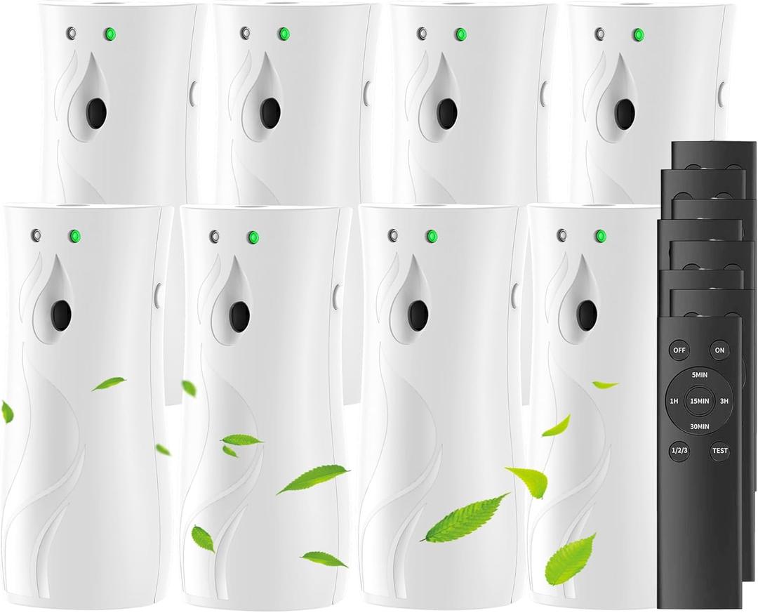 8-Pack Automatic Air Freshener Spray Dispenser with Remote Control,Wall Mounted/Free Standing for Commercial Use,Multiple Time Scent/Mist Release Settings for Room/Restroom (WHITE, standard)