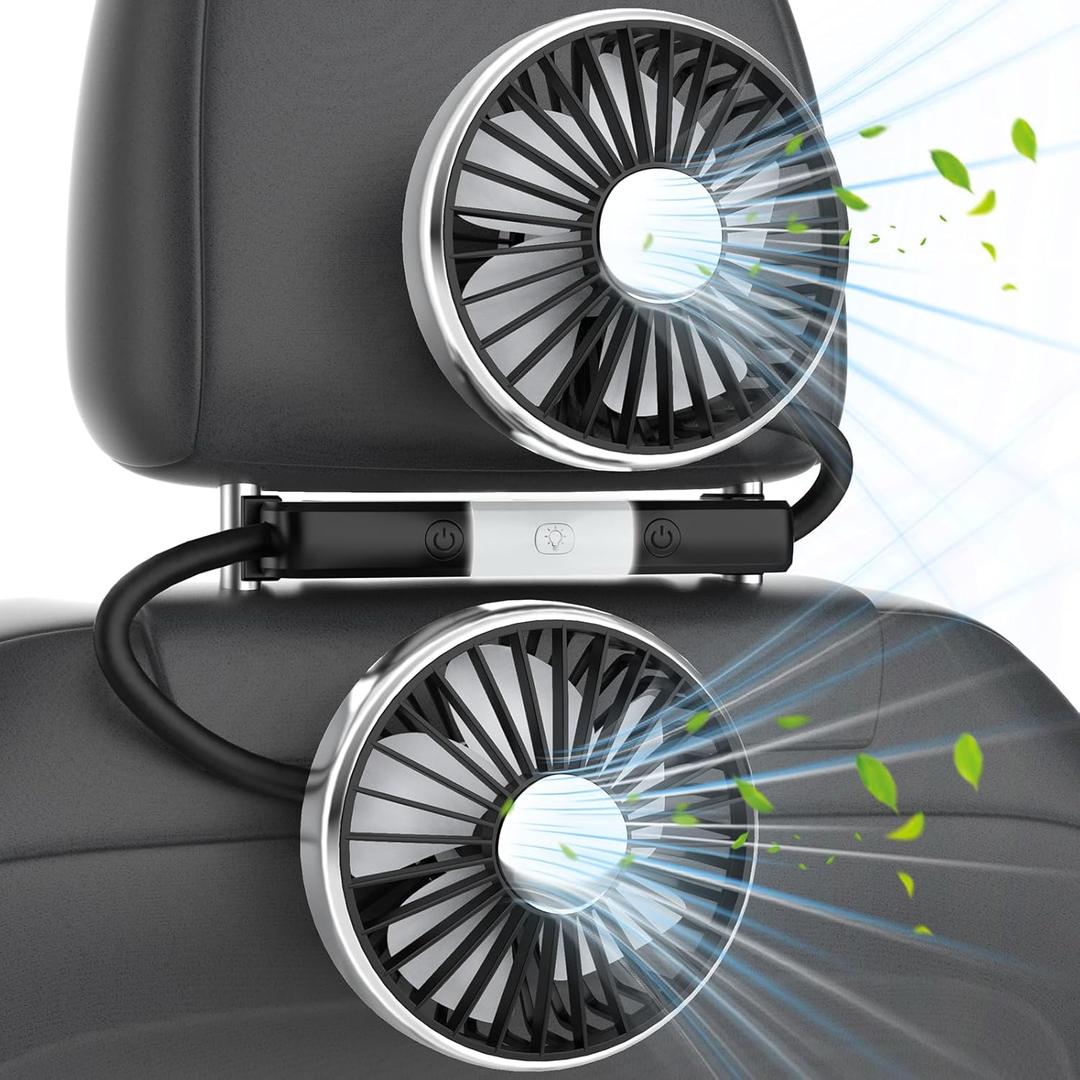 USB Powered Backseat Car Fans for Kids & Baby - 5V/2A Dual-Head Cooling Car Fan with Independent Control, 360 Rotatable Hose, 3 Speeds, LED Lights Fits 3.54"-5.9" Bars for SUV MPV Sedan Pickup Trunk