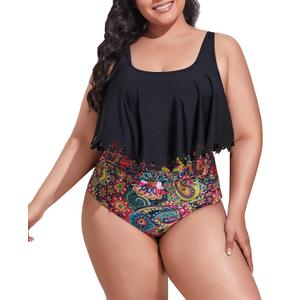 Mooncore Womens Plus Size Swimsuit High Waisted Tankini Bathing Suits Two Piece Flounce Bikini Swimsuit (01black, 3XL)