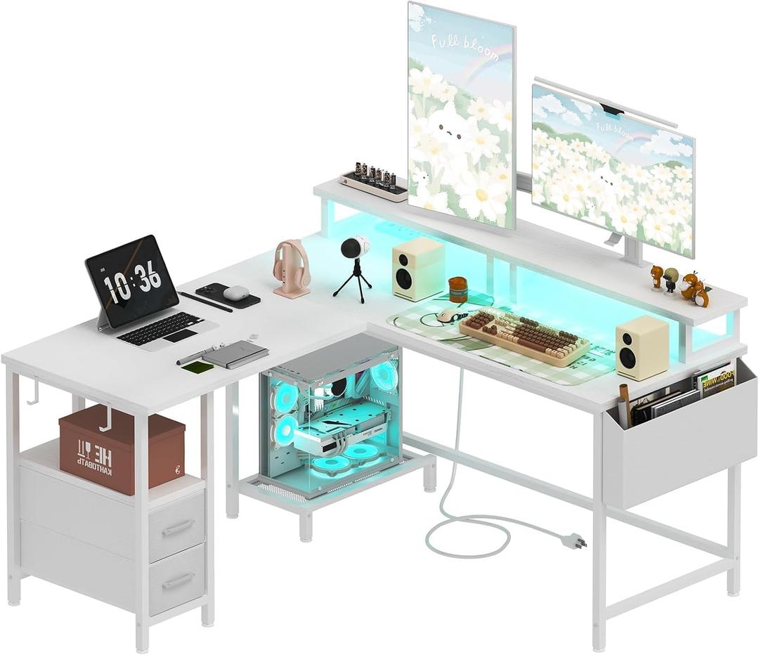 Lufeiya White L Shaped Computer Desk with Fabric Drawers, 47 Inch Corner Home Office Desk with Monitor Stand Shelves, Writing Study Gaming Desks with Led Lights and Power Outlets for Bedroom, White