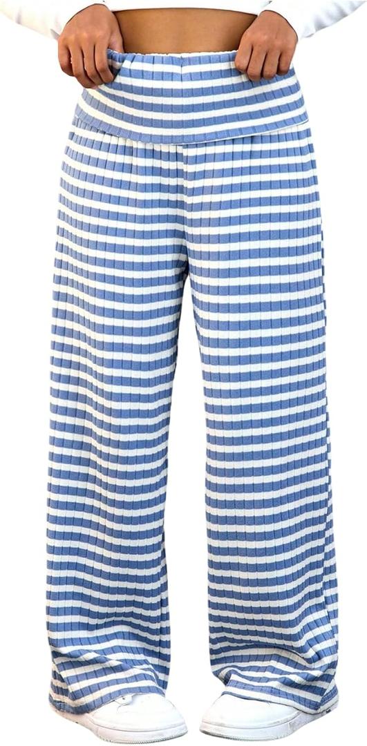 RoseSeek Girl's Striped Straight Leg Pants Elastic Waist High Rise Casual Long Trousers Blue, 11Y
