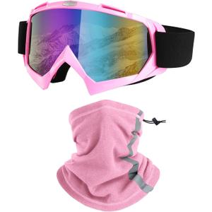Ski Goggles, Snowboard Motorcycle Goggles with Reflective Winter Neck Gaiter Face Cover for Youth Teens Men Women (Pink)