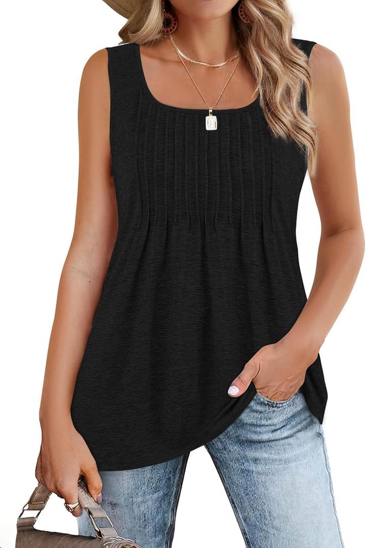 Zeagoo Women's Summer Tank Tops 2026 Pleated Square Neck Loose Fit Casual Flowy Tunic Sleeveless Shirts (Black)