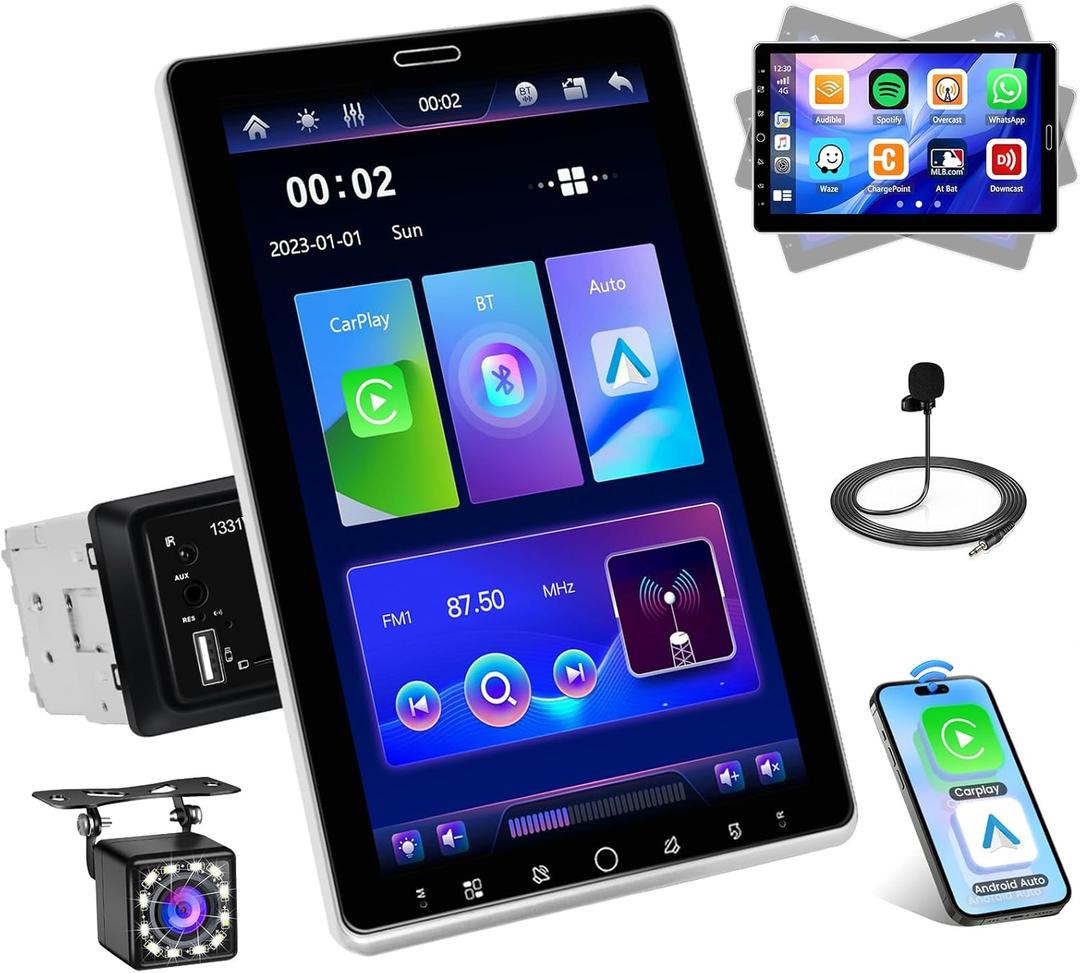 Roinvou Single Din Car Radio, 10.1 Inch Rotating Touch Screen Bluetooth Radio with Wireless Carplay/Android Auto, FM, AM, RDS, EQ, Bluetooth 5.2, Mirror Link, Steering Wheel Control +AHD Backup Camera