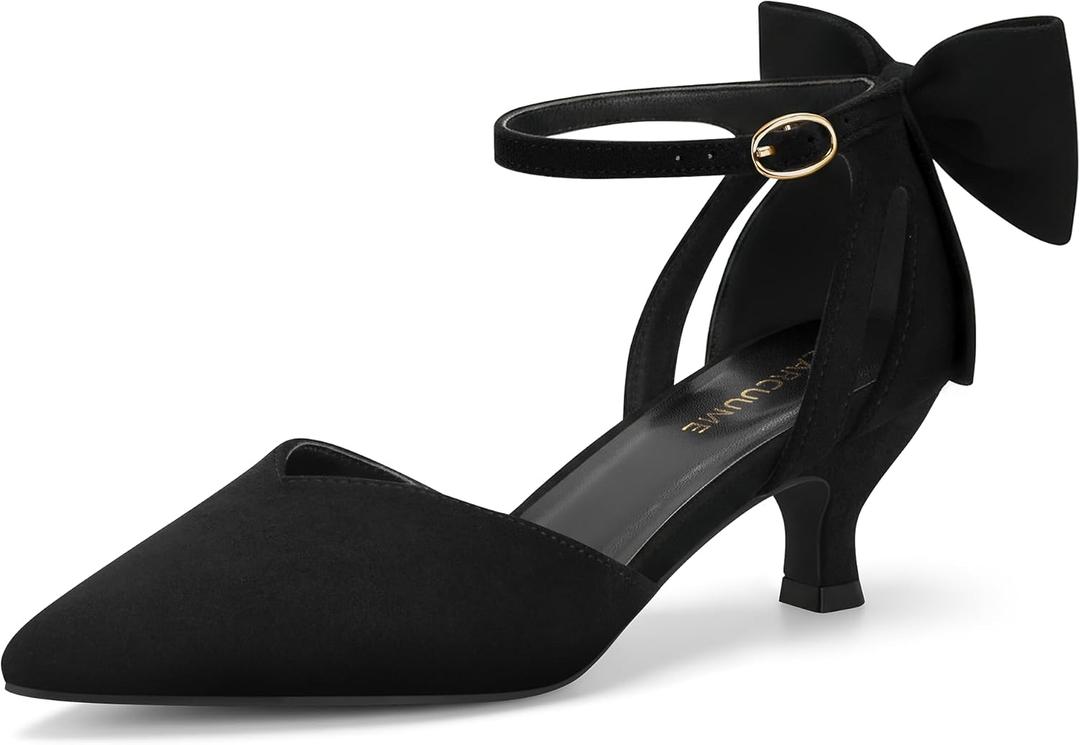 Carcuume Women's Kitten Heels with Bow Closed Toe Sandals Ankle Strap Wedding Pump Shoes (11, Black)