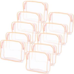 Tbestmax 10 Pack Clear Cosmetic Bags Makeup Bags Portable Waterproof TSA Approved Travel Toiletry Bags Large Organizer Peach Pink, 9.8" x 7.1" x 2.4"
