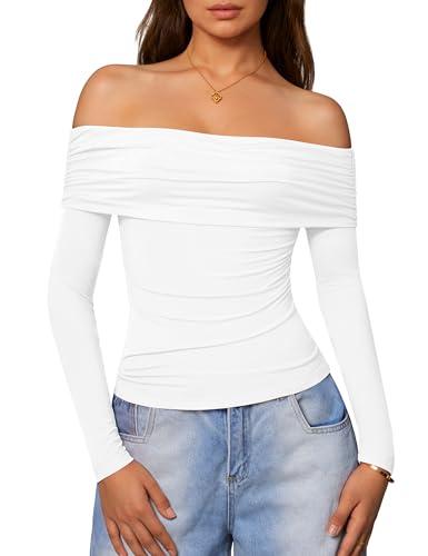 Aprilake Women's Sexy Off Shoulder Tops Casual Long Sleeve Slim Fitted Trendy Y2k Going Out Shirts White, M