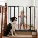 Mumeasy 36" Extra Tall Dog Gate, Auto Close Baby Gate for Stairs Doorways, 29.7-46" Wide Walk Thru Child Safety Gate for House, Easy Install Pressure Mounted Metal Pet Gate with Door, Black