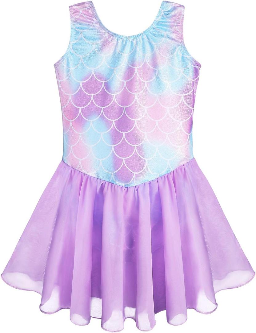 Girls Gymnastics Leotards with Skirt Ballet Tutu Dance Dress Toddler Kid Flutter Sleeve Mermaid Gymnastic Dancewear, 9-10Y