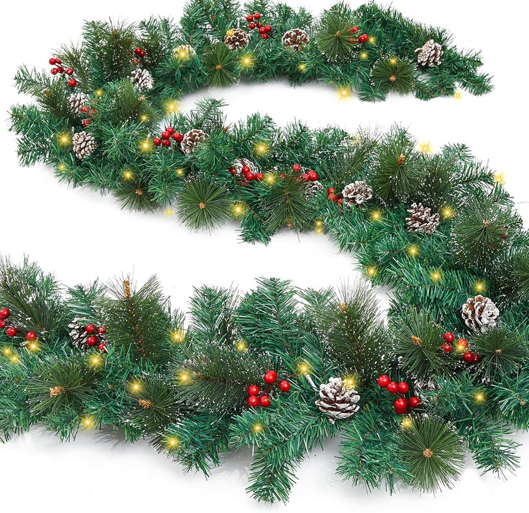 9 ft Pre-lit Christmas Garland Decoration with 50 Warm Lights, Battery Operated Waterproof Artificial Bushy Xmas Garlands, Lighted Bendable Christmas Garland with Timer, Indoor/ Outdoor/ Home/ Fireplace