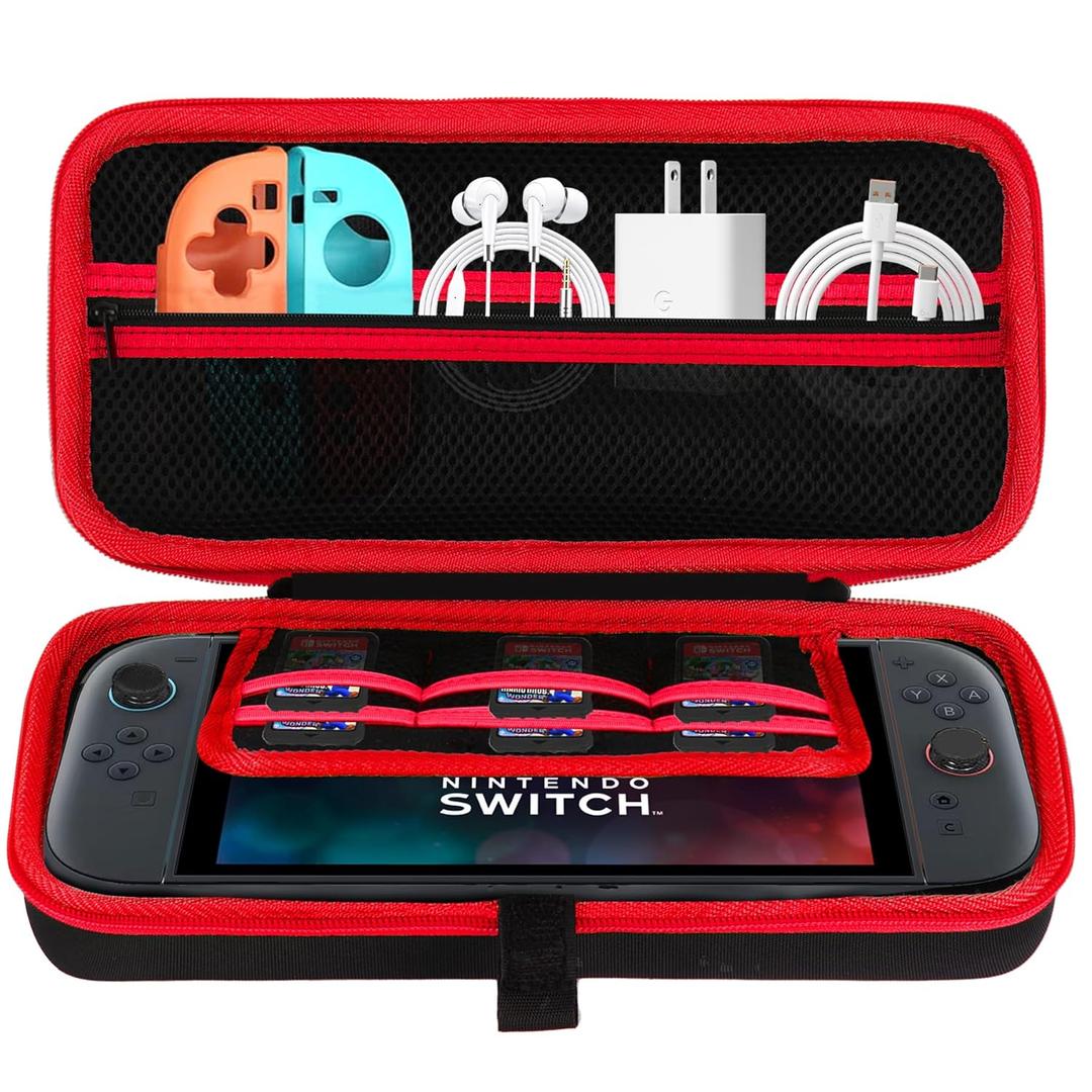 Lebakort Storage Case Compatible with Nintendo Switch 2 (Black + Neon Red Case)