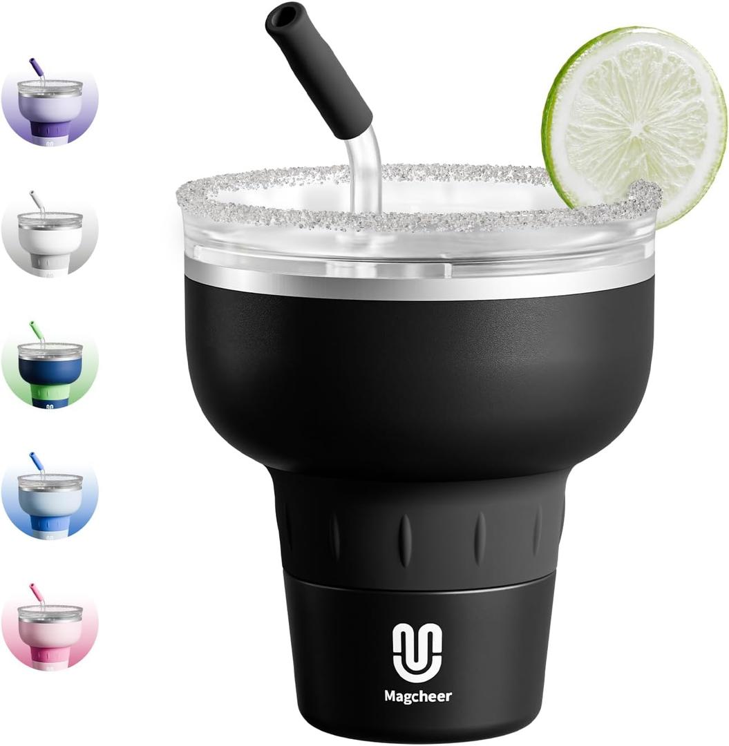 16 oz Cocktail Tumbler with Lid and Straw - Stainless Steel Insulated Margarita Tumbler - 320 Sippable Stemless Wine Cup for Party | Black