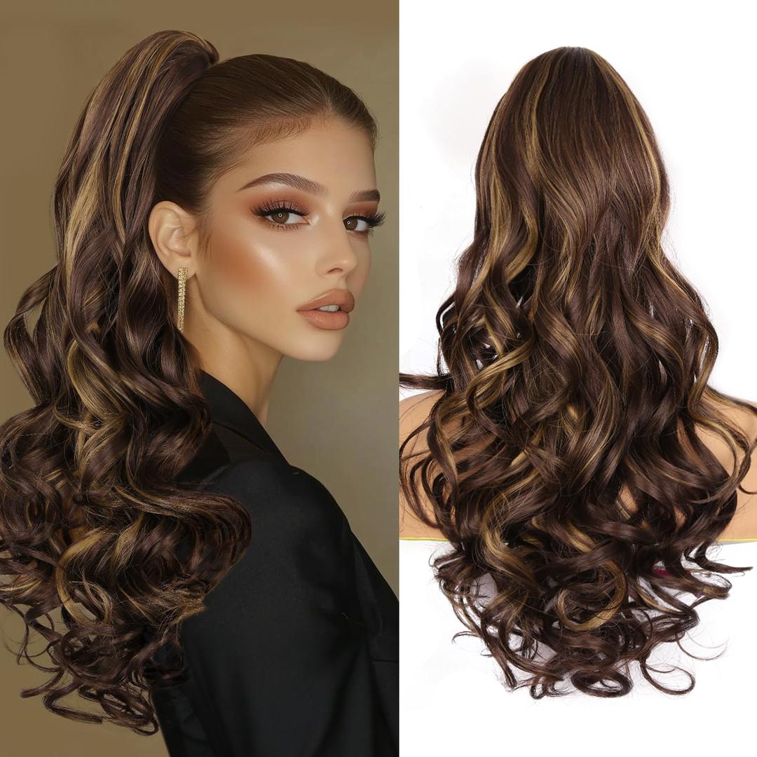 24 Inch Ponytail Extension, Clip on Ponytails for Women, Long Curly Wavy Ponytail Extensions for Women, Synthetic Layered Pony Tails Hair Extensions (Color: Brown with Blonde Highlights)