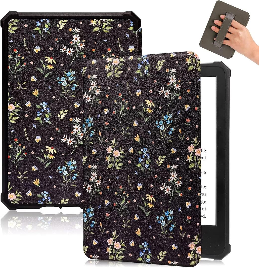 Fancity Case Compatible with 6" Kindle Paperwhite 5th/6th/7th Generation Soft Cover with Hand Strap Smart Auto Sleep/Wake for Kindle Paperwhite 1/2/3 (2012, 2013, 2015, 2016 Versions), Black Floral