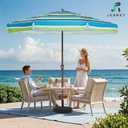 JEAREY 9 FT Patio Umbrella Outdoor, Table Umbrellas Market Umbrella w/Push Button Tilt/Crank, 8 Sturdy Ribs(Blue Green Striped)