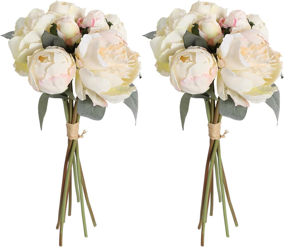 White Artificial Peonies 2 Bouquets Silk Flowers 14Heads Vintage White Fake Flowers Faux Peony Flowers for Flower Arrangements Artificial Centerpiece Home Table Dining Room Decor (Ivory White)
