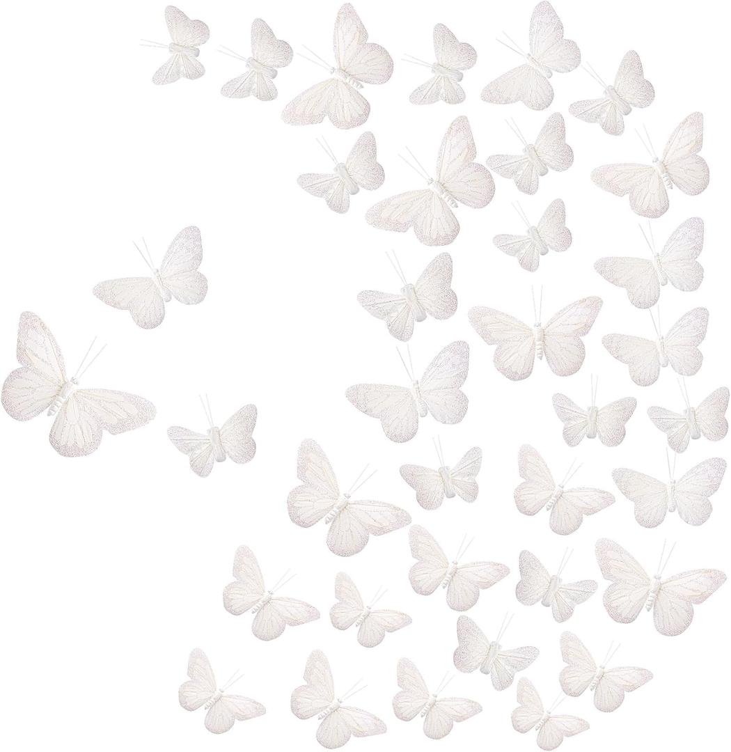 Chuangdi Feather Butterfly Decorations 36 Pcs White 3size Monarch Wall & Party Decor for Wedding, DIY Crafts Lightweight Artificial Feather Butterflies for Home Indoor Outdoor