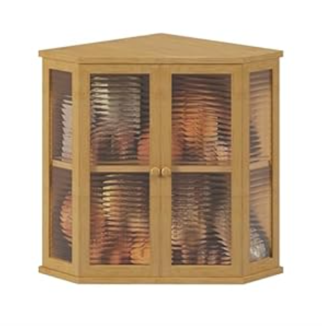 Extra Large Acacia Wood Corner Bread Box for Kitchen Countertop, 16.5 Inch Wooden Breadbox with Glass Wavy Door, Durable Grain Finish, Farmhouse Style Design (Acacia Wood)