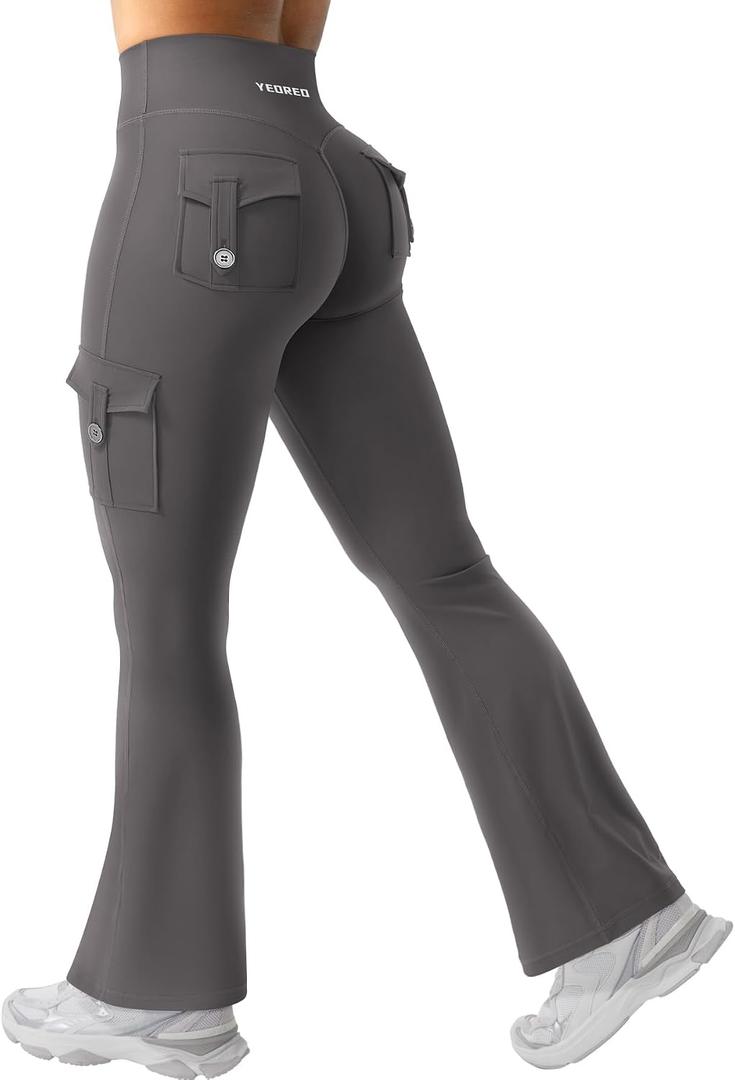 YEOREO CoreFlex Women Workout Flare Leggings with Pockets Hidden Scrunch High Waisted Cargo Gym Yoga No Front Seam Leggings (Black, L)