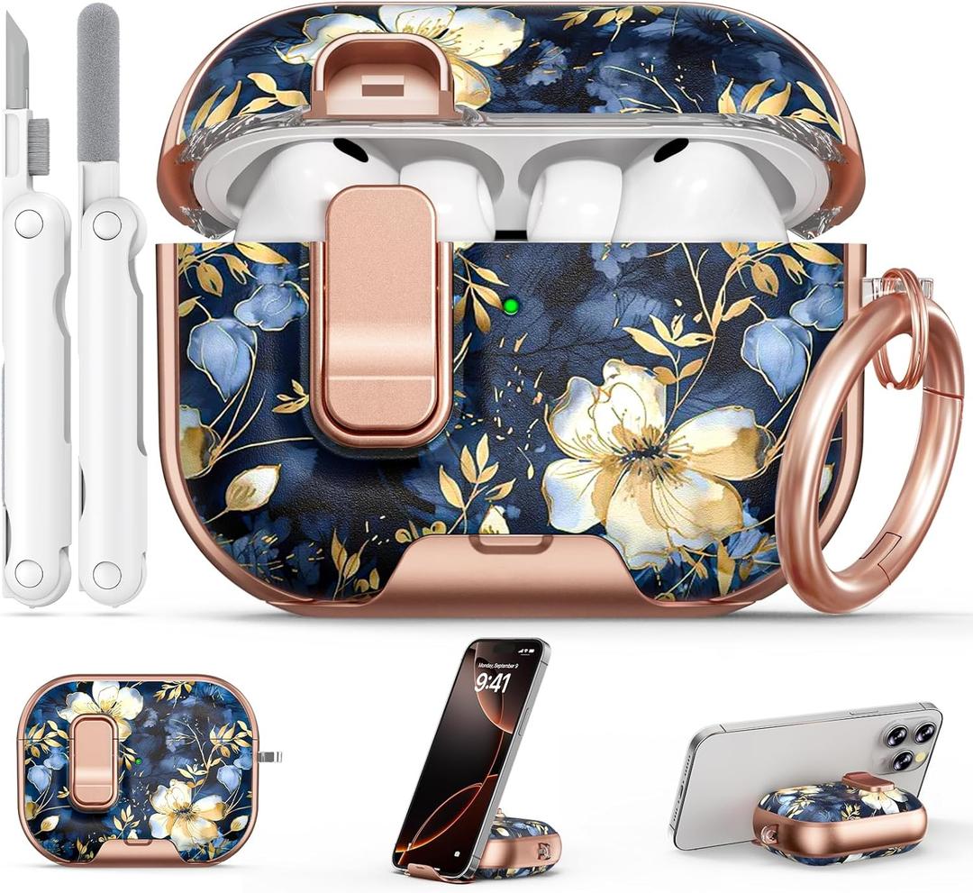 for AirPod Pro 3 Case 2025, with Safty Lock & Phone Stand for Floral AirPod Pro 3 Generation Case Cover for Women Girly, iPod Pro 3 Cases with Keychain & Cleaner Kit -Blue Gold Flower