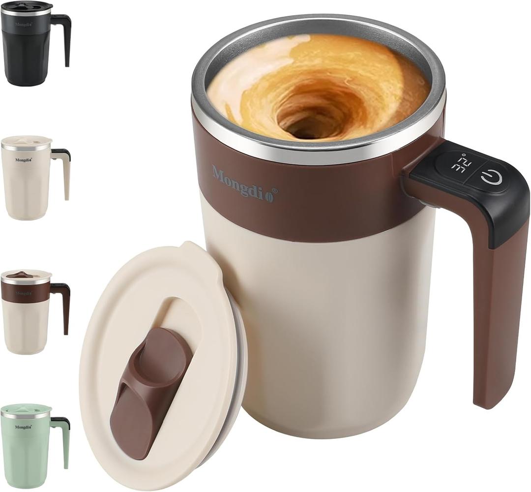 Mongdio Self Stirring Coffee Mug with Fahrenhite Temperature Display, Rechargeable Stirring Mug, Automatic Self Stirring Cup with Lid, For Coffee, Milk and Other Beverages, Brown (13.5OZ)