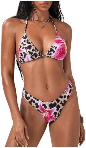 MakeMeChic Women's Halter Triangle Thong Bikini Sets High Cut Swimsuit Bathing Suit Swimwear Size L
