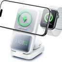 GUSGU 3-in-1 Charging Station for MagSafe Wireless Charger Clock, LED Screen with Power Display, 15W Fast Charging, Compatible with iPhone 17/Air/16/15, iWatch Ultra 3, AirPods Pro 3, White