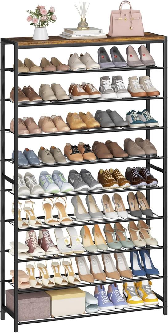 HOMEFORT 10 Tiers Shoe Rack Organizer,39.4" Shoe Storage Shelf for Closet, Shoe Rack for Entryway,Holds 45-50 Pairs of Shoe, Tall Shoe Stand with Metal Shelves and MDF Top Board,Rustic Brown