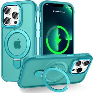 Designed for iPhone 13 Pro Max Case with Magnetic Stand, [Military Drop Protection][Great Grip Feeling] Matte Translucent Back Slim Shockproof Phone Cover for iPhone 13 Pro Max 6.7", Darkcyan